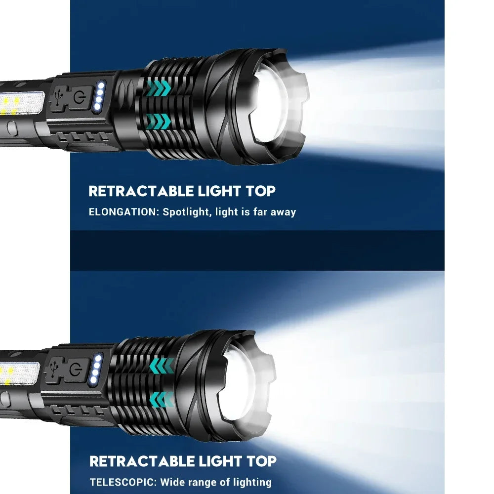 P50 LED Rechargeable Flashlight - 30W High-Power Tactical Light with Adjustable Zoom