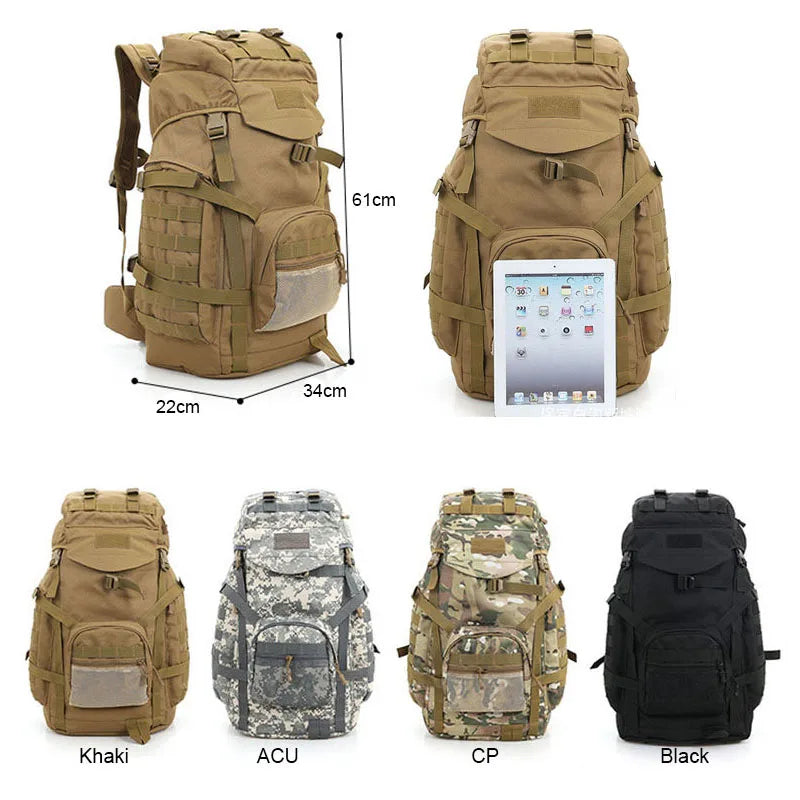 60L Tactical Camping Backpack - Waterproof MOLLE Hiking Rucksack