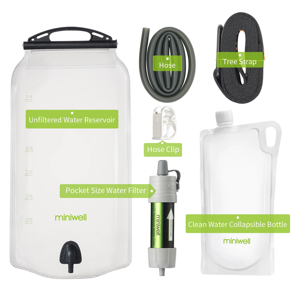 Miniwell Portable Gravity Water Filter System - Emergency Water Purification for Hiking & Camping