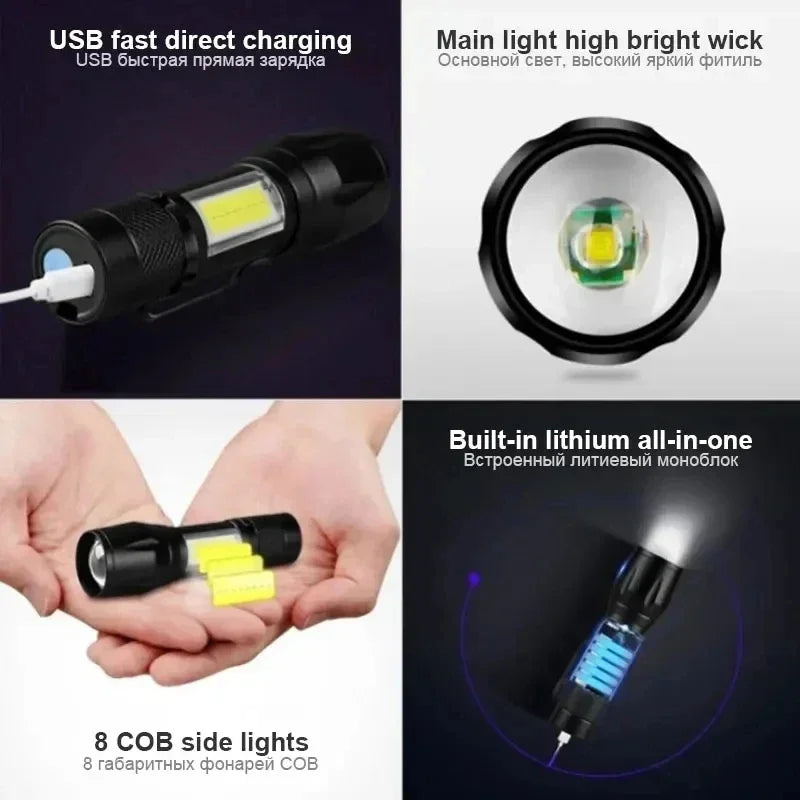 Rechargeable Mini LED Flashlight - COB+XPE Portable Torch with Zoom
