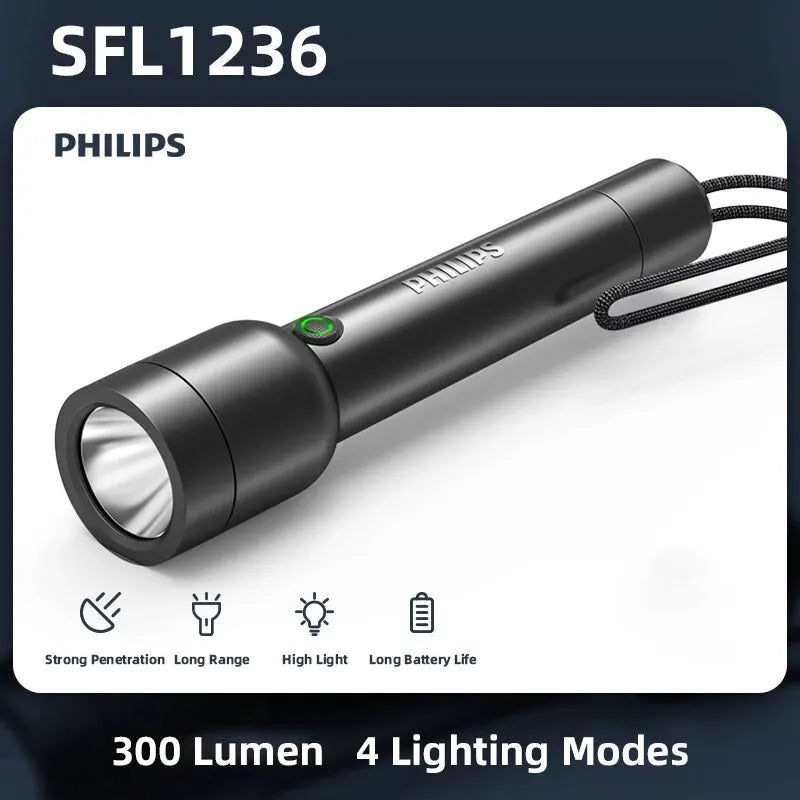 Philips Rechargeable LED Flashlight - 300 Lumen Tactical Torch with USB Charging