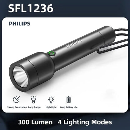 Philips Rechargeable LED Flashlight - 300 Lumen Tactical Torch with USB Charging