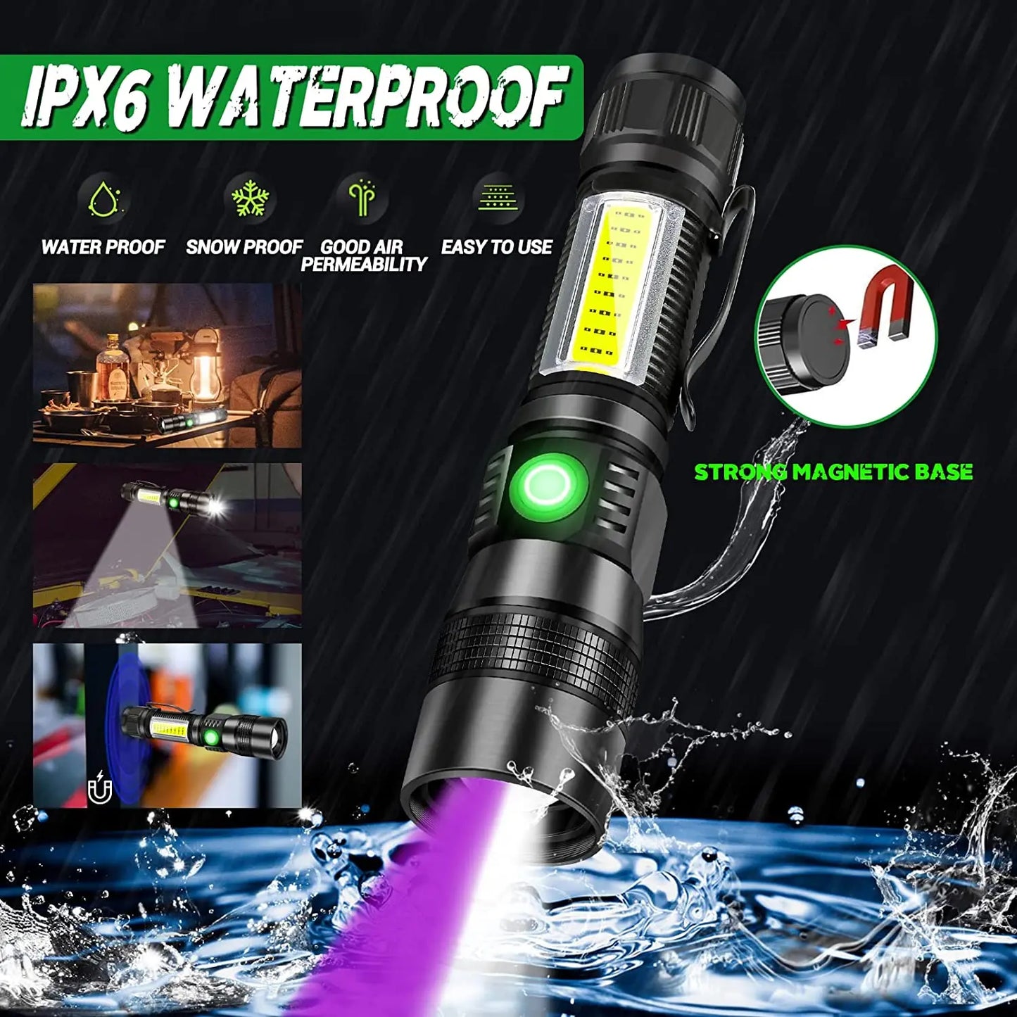 3-in-1 Professional LED Flashlight with UV Light & Magnetic Base - 1200 Lumens