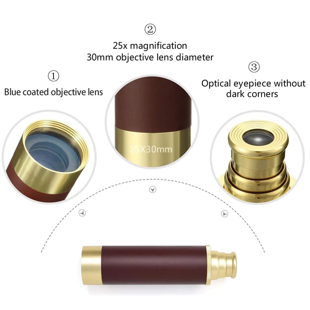 25x30 Brass Monocular Telescope - Portable Handheld Binoculars