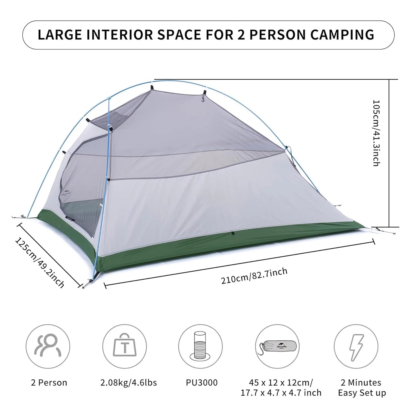Naturehike Cloud Up 2-Person Ultralight Camping Tent - 3-4 Season Waterproof Backpacking Shelter