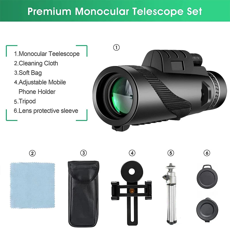 Professional HD Monocular Telescope 80x100 - High Power Zoom with Tripod & Phone Adapter