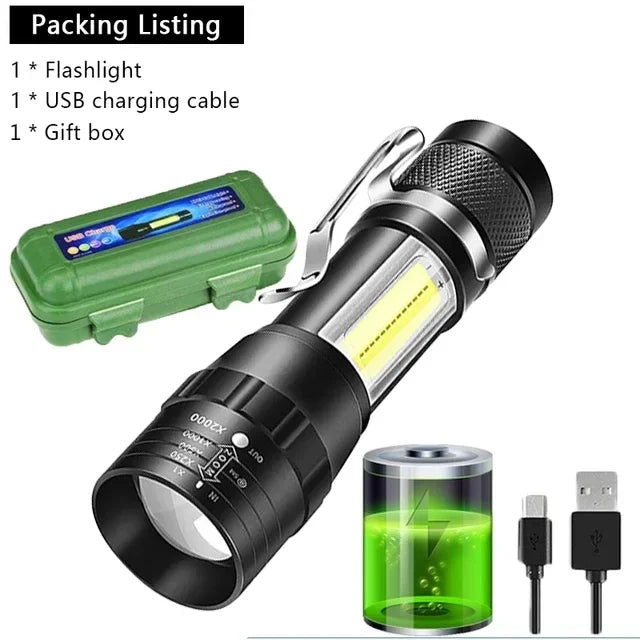 Rechargeable Mini LED Flashlight - COB+XPE Portable Torch with Zoom