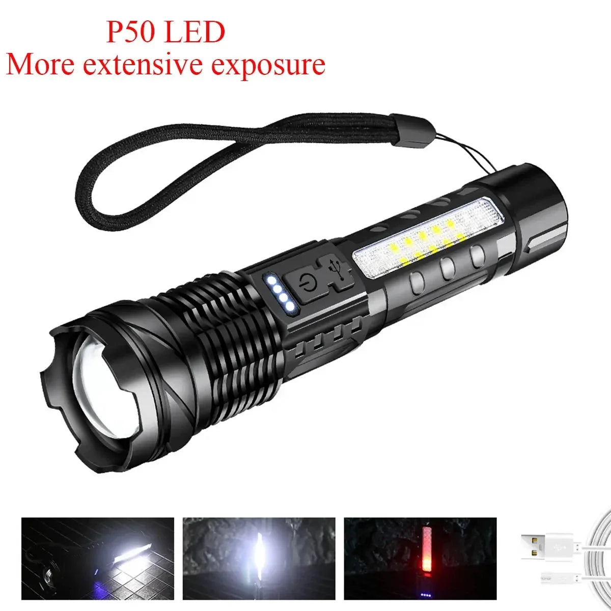P50 LED Rechargeable Flashlight - 30W High-Power Tactical Light with Adjustable Zoom