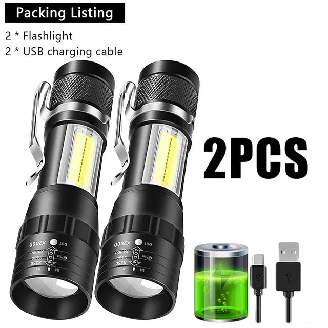 Rechargeable Mini LED Flashlight - COB+XPE Portable Torch with Zoom