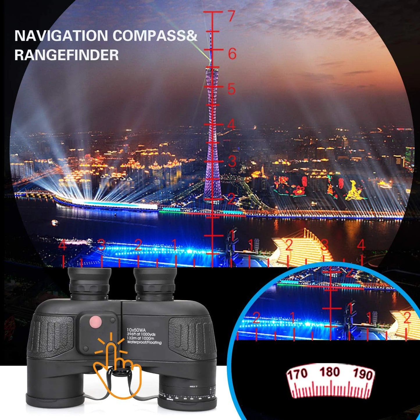 Professional Marine Binoculars 10x50 with Rangefinder & Compass - IPX7 Waterproof
