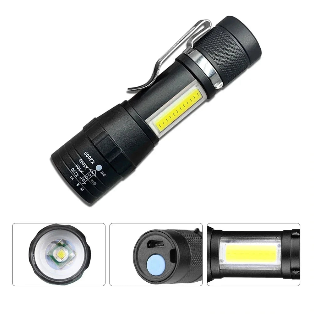 Rechargeable Mini LED Flashlight - COB+XPE Portable Torch with Zoom