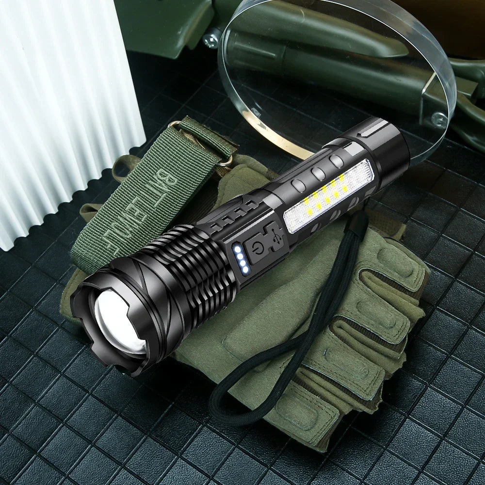 P50 LED Rechargeable Flashlight - 30W High-Power Tactical Light with Adjustable Zoom