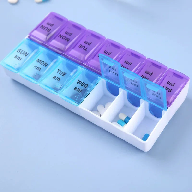 Weekly Pill Organizer - 7 Day Medication Storage Box with 14 Compartments