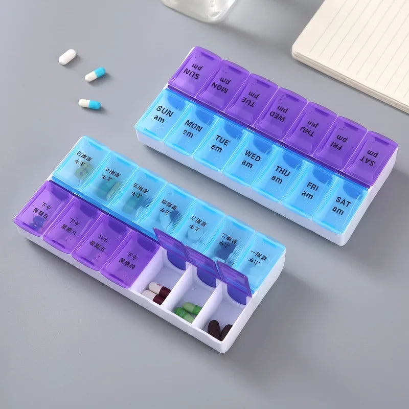 Weekly Pill Organizer - 7 Day Medication Storage Box with 14 Compartments