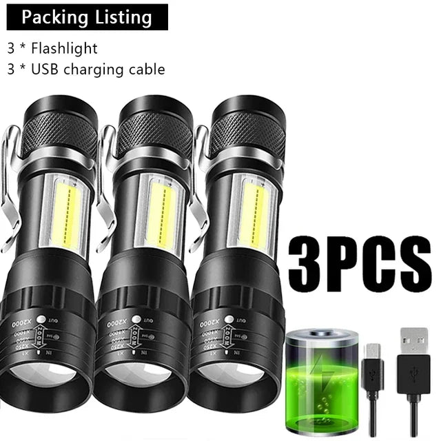 Rechargeable Mini LED Flashlight - COB+XPE Portable Torch with Zoom