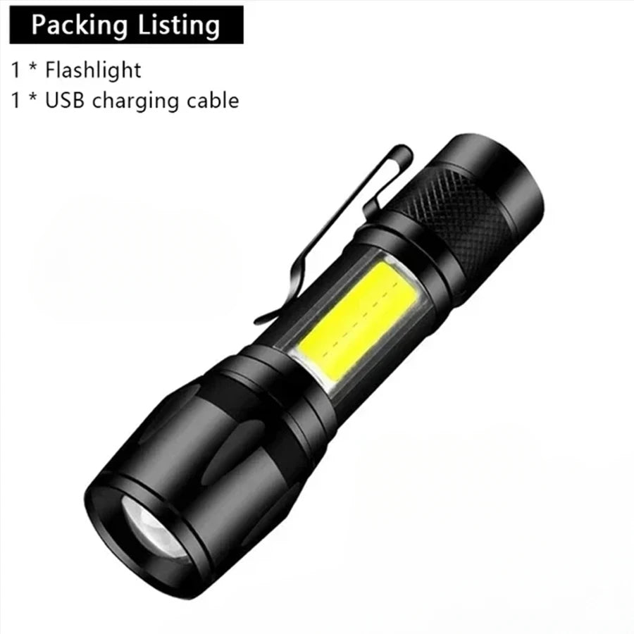 Rechargeable Mini LED Flashlight - COB+XPE Portable Torch with Zoom