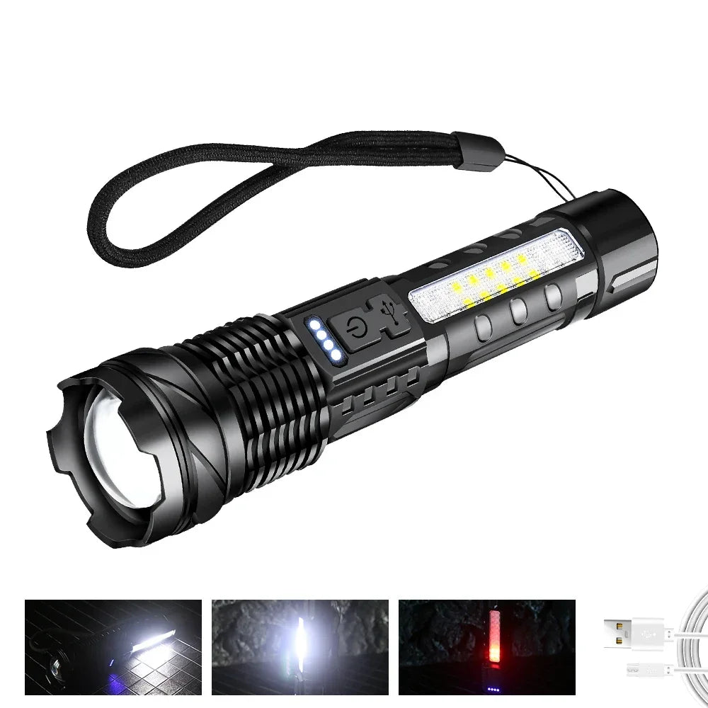P50 LED Rechargeable Flashlight - 30W High-Power Tactical Light with Adjustable Zoom
