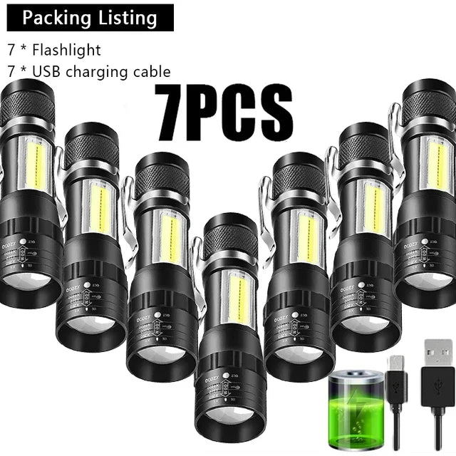 Rechargeable Mini LED Flashlight - COB+XPE Portable Torch with Zoom