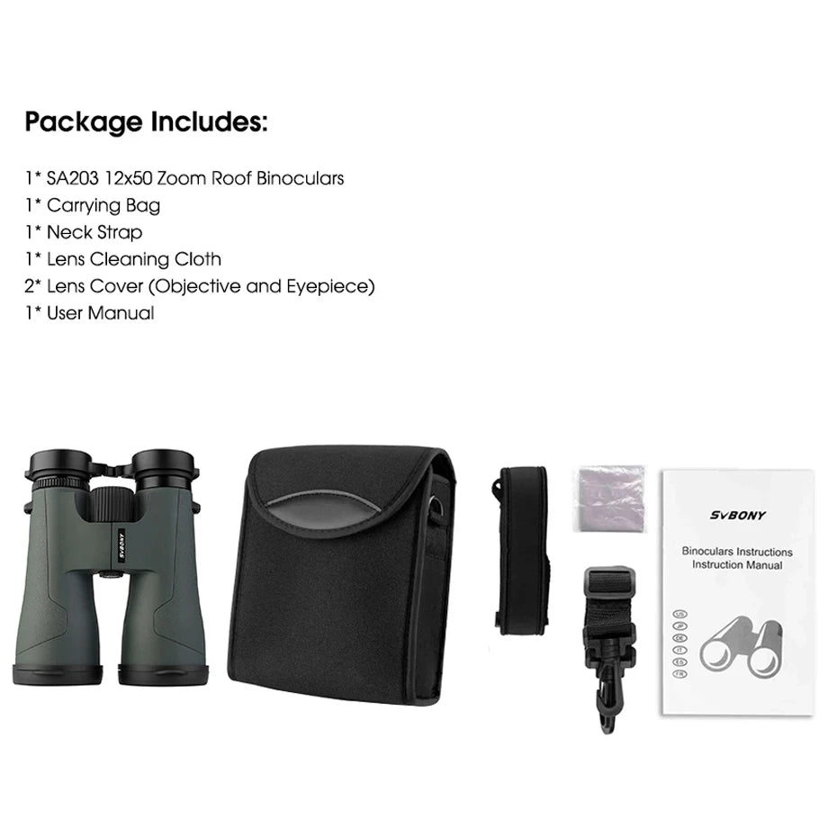SVBONY SA203 12x50 Professional Binoculars - BAK4 Prism, IPX7 Waterproof