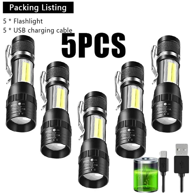 Rechargeable Mini LED Flashlight - COB+XPE Portable Torch with Zoom