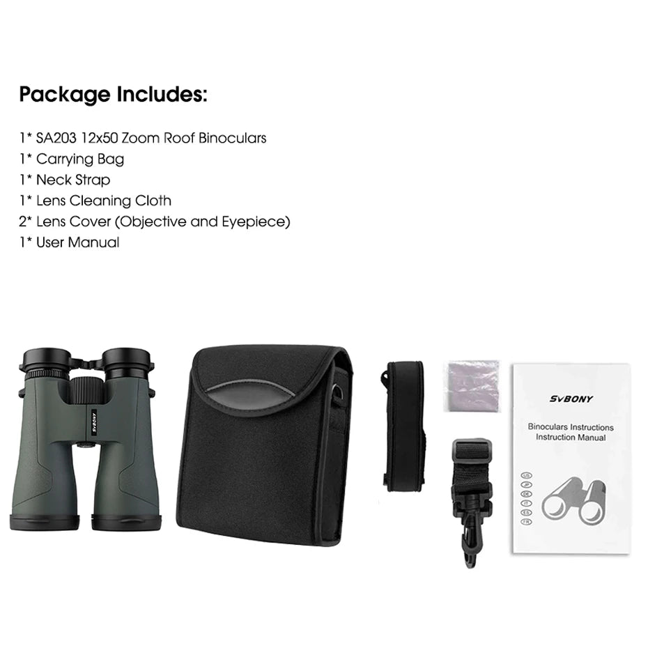 SVBONY SA203 12x50 Professional Binoculars - BAK4 Prism, IPX7 Waterproof