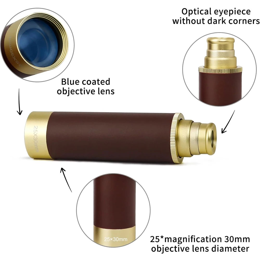 25x30 Brass Monocular Telescope - Portable Handheld Binoculars