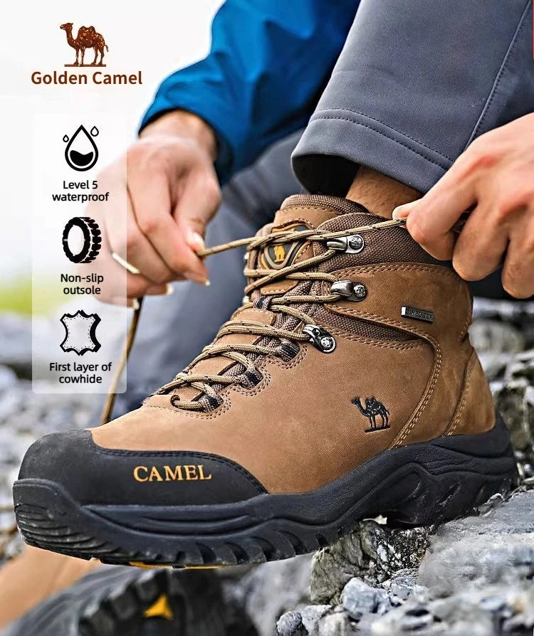 Camel Waterproof Hiking Boots - High-Top Tactical Outdoor Shoes